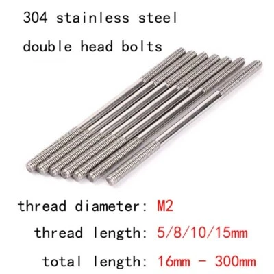 M2 SUS304 Steel Double-head Bolts Two Head Threaded Studs Connecting Screw Rod