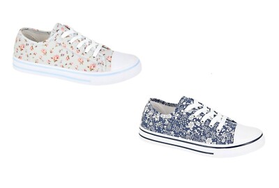 Dek Damen Canvas Pumps Schuhe Plimsolls Plimsol Blumen Turnschuhe Schnürschuhe Größe