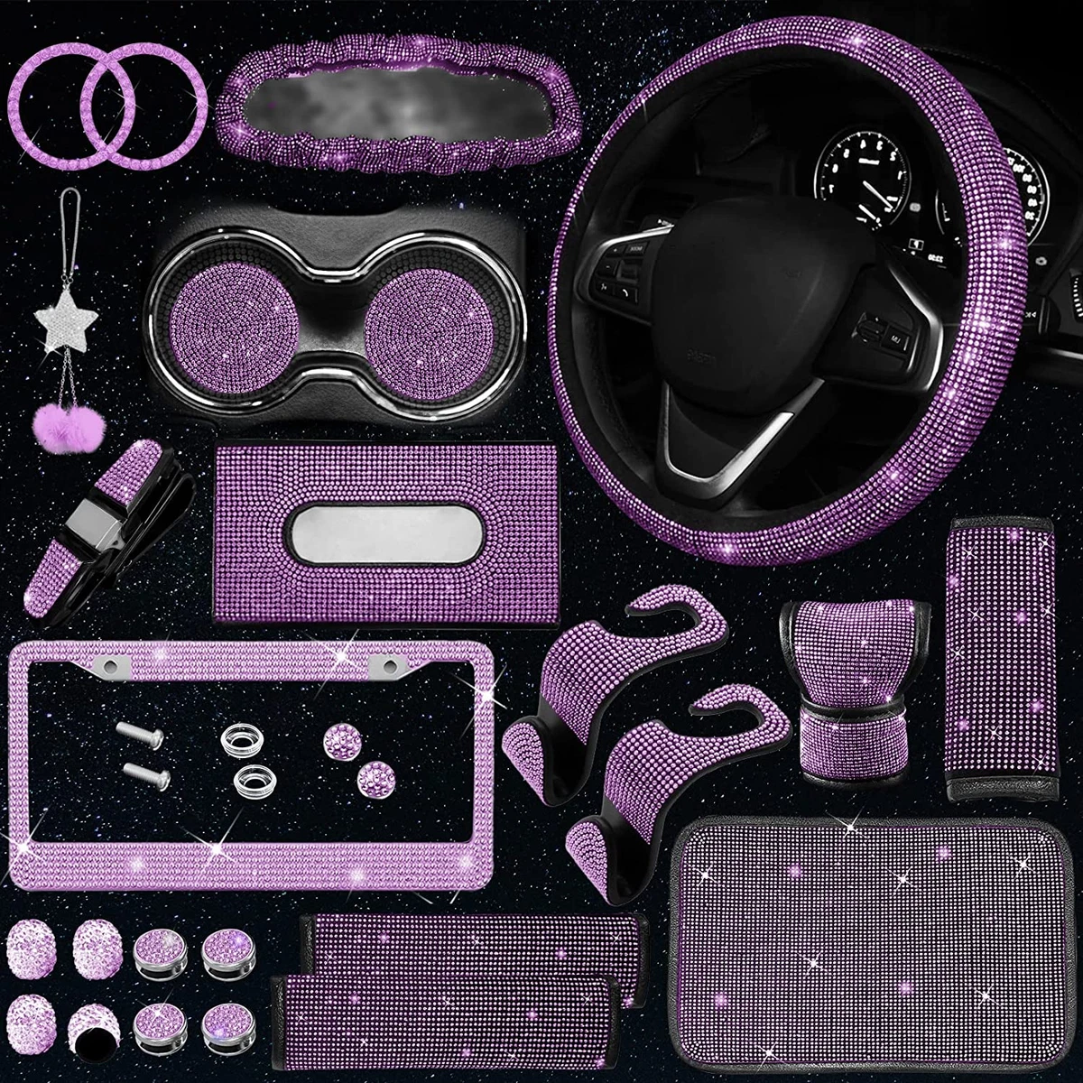 JINSEN 25 PCS Bling Car Accessories Set for Women Bling Steering