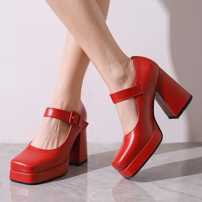 Tacco Largo Scarpe Rosse Con Tacco E Plateau Punta Quadrata Scarpe Rosse  Tacco Medio Scarpe Con Tacco Largo