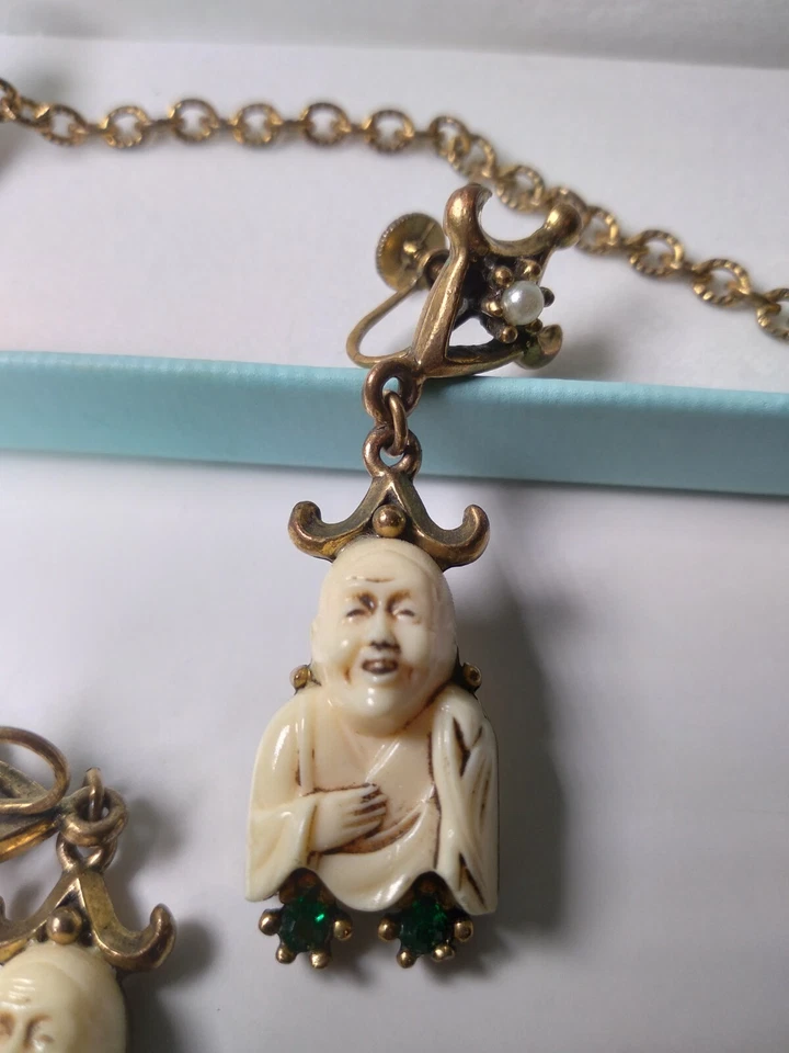 Antiguo conjunto de collar chino de piedra tallada dragón y monje con perlas semilla Foto 3 de 4