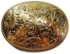Western Belt Buckle Floral Engraved Silver Tone Gold Tone Accents Rolled Edge