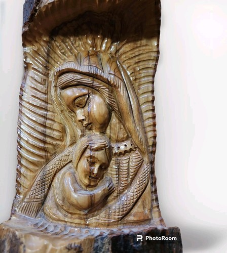 Hand Carved Wood Folk Art Mary & Baby Jesus Wall Hanging Bookend Deco Religious - Picture 2 of 7