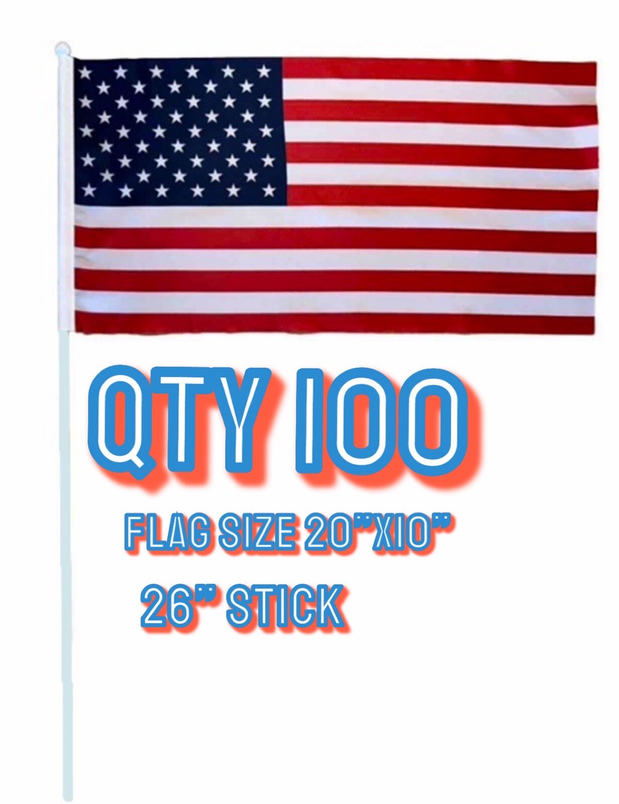 American Flag 20” X 10” Includes Display Box  (100 Flags)  26”  Plastic Stick