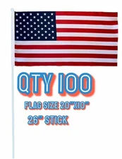 American Flag 20” X 10” Includes Display Box  (100 Flags)  26”  Plastic Stick