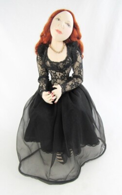 Artist Original Stockinette Red Haired Lady Dressed in Black Lace Dress 16'' Doll