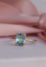 Emerald Cut Aquamarine Ring 14k Gold Plated 12 Prong Engagement  Proposal Ring