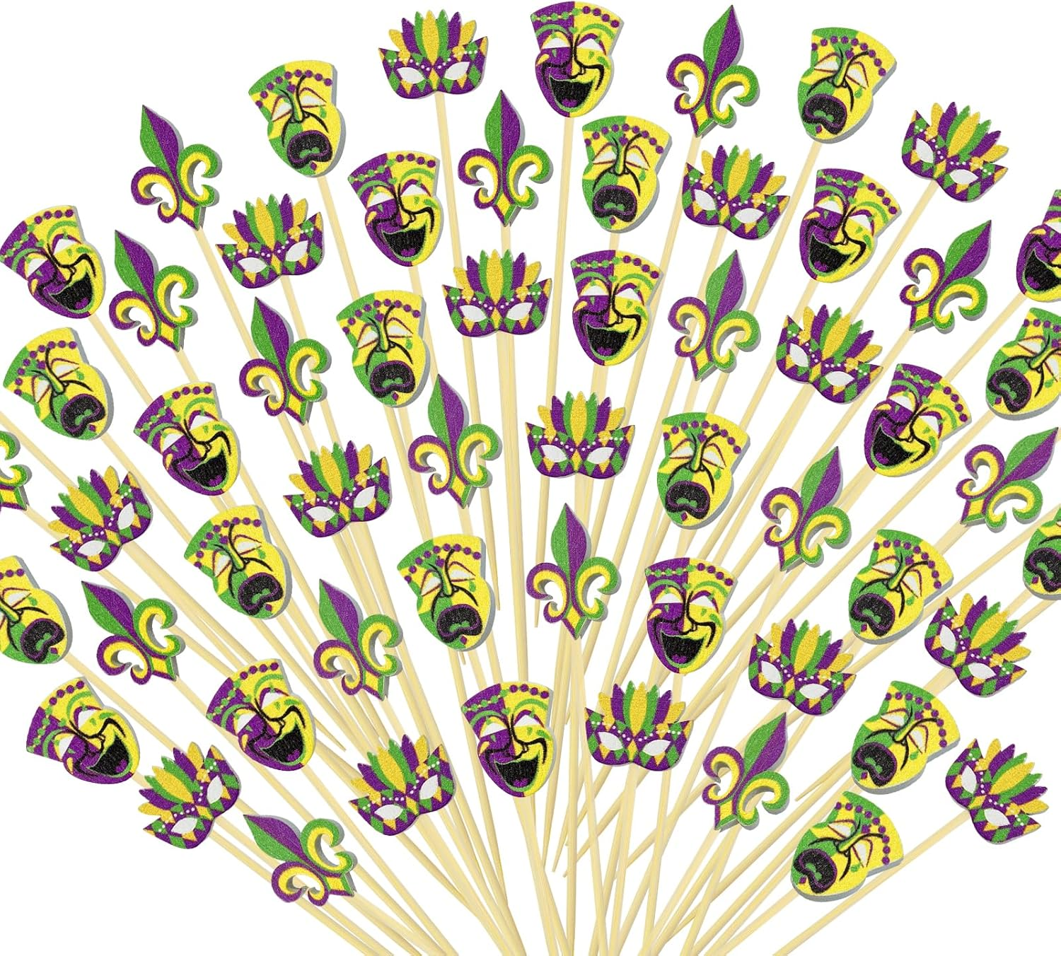 200Pcs Mardi Gras Cocktail Picks,Mardi Gras Cupcake Toppers 4.7 Inch Mardi Gras