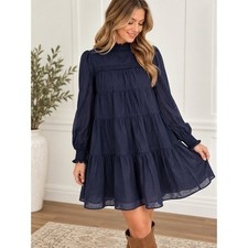MICHAEL Michael Kors Dress Womens L Navy NWOT Smocked Cotton Tiered Babydoll