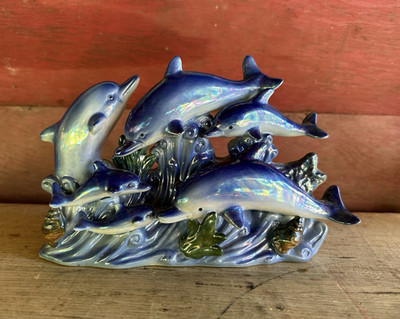 Iridescent Ceramic Dolphin Sculpture Group of 5 Dolphins on Waves