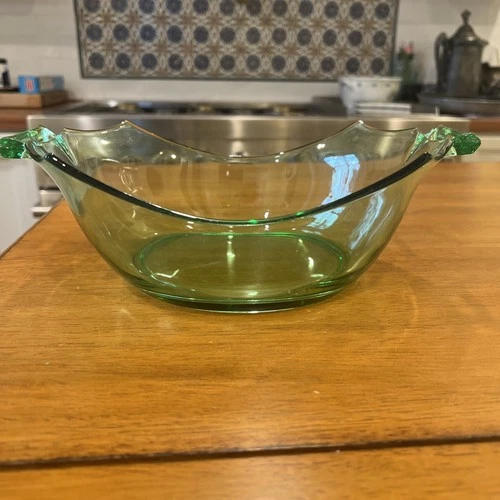 Green Glass Depression Era Serving Bowl Vintage Uranium Vaseline