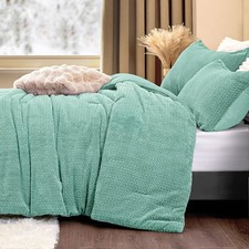 Fluffy Comforter King Set - Furry Eggshell Blue Leaves Pattern Faux Fur Bed S...