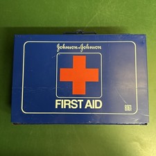 Vintage Wall Mount Johnson & Johnson First Aid Kit Blue Metal Box 8161 - Empty -