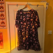 studio black pink purple floral short tunic dress size 16 vintage style 