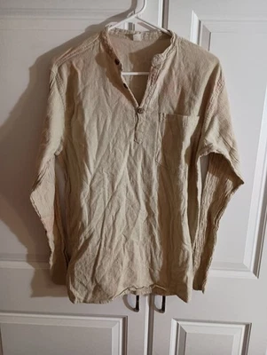 Haband Band Collar Linen Slub Shirt Oatmeal/Pink Reworked Mens Small 1 of a Kind - Image 1 of 4