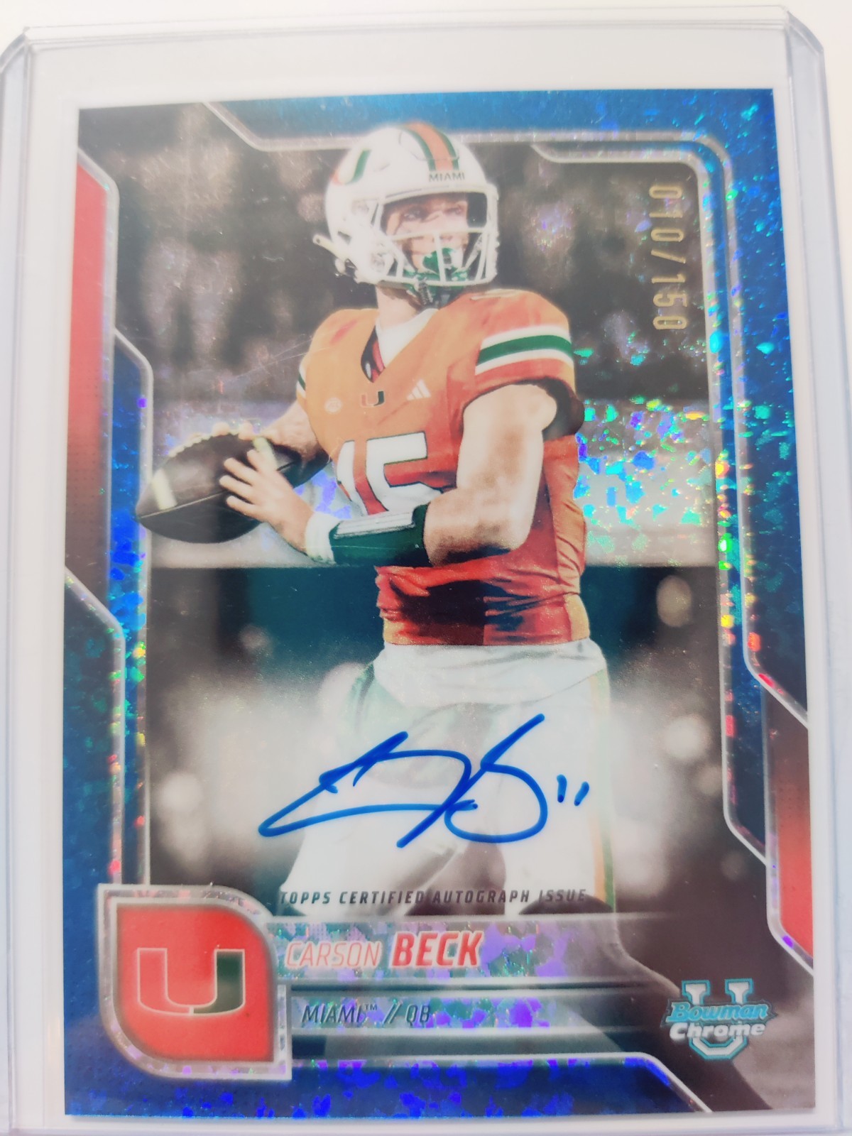 Carson Beck 2025 Bowman U chrome blue mini diamond refractor auto /150 #BCA-CBE