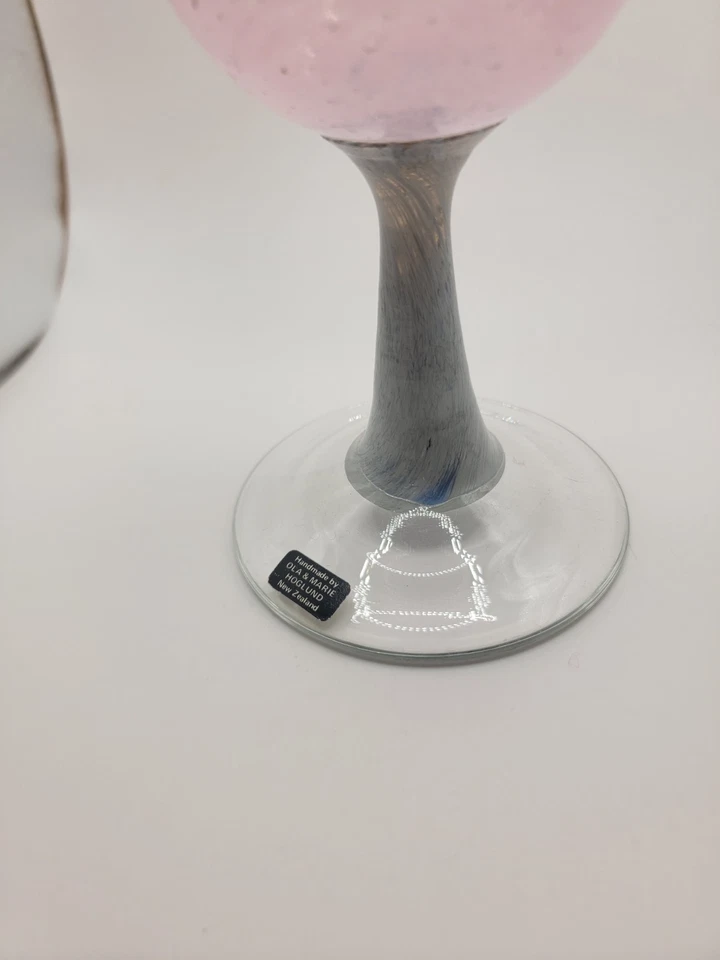 Ola & Marie Hoglund New Zealand Art Glass Goblet Pink Swirl Grey Stem Etched . - image 4 of 4