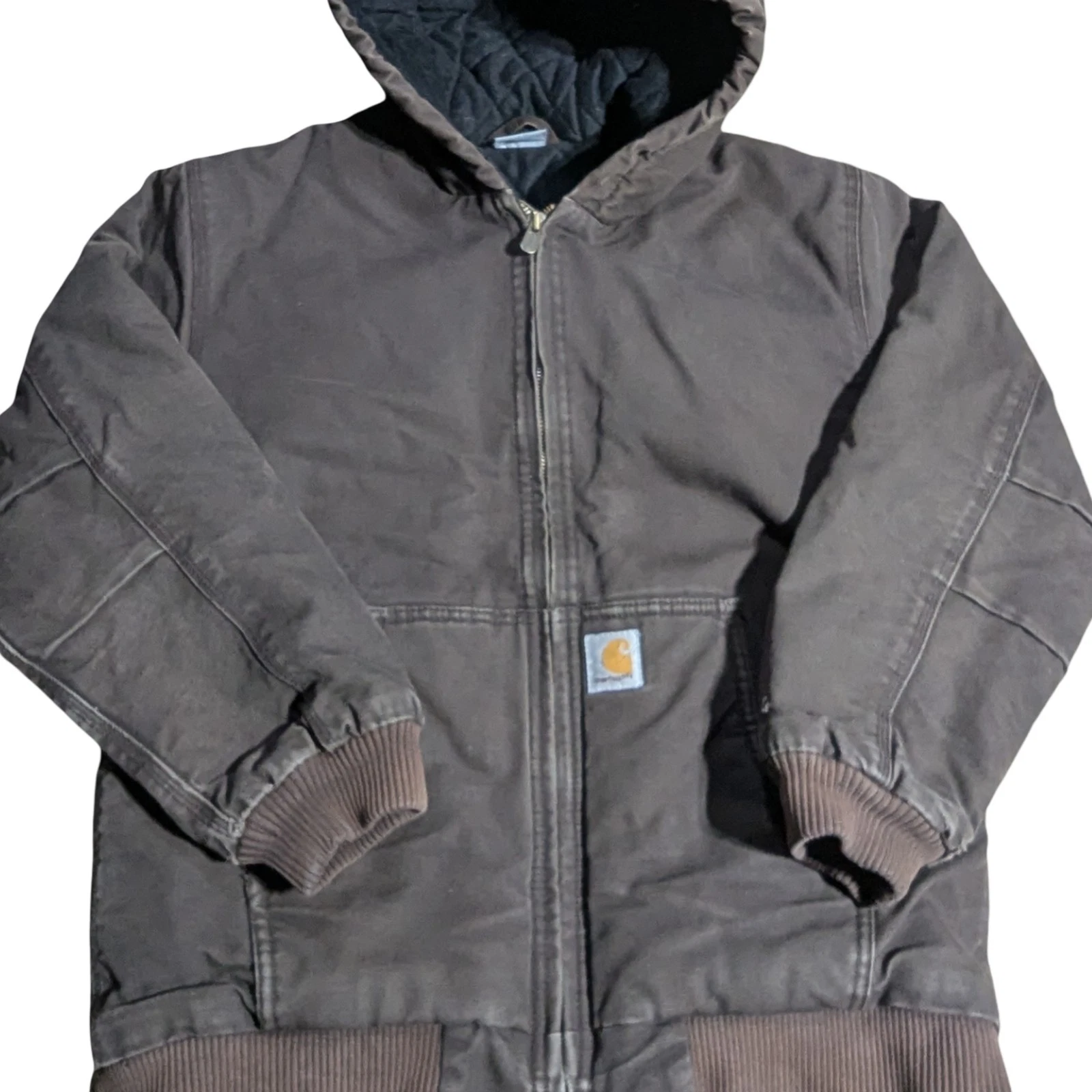 Carhartt Jacket Kids Large 14/16 Dk Brown Duck Canvas Zip Quilted Hooded RN13706
