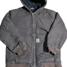 Carhartt Jacket Kids Large 14/16 Dk Brown Duck Canvas Zip Quilted Hooded RN13706