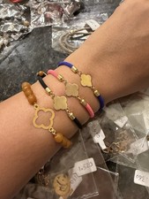 18K Solid Gold Clover Four Leaf Charm Beaded Cord Adjustable Bracelet 750 Gift