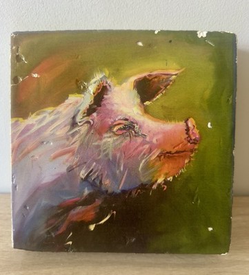 Signed Diane Winereau hand painted encaustic pig artwork plaster block 7x7