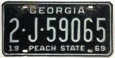 Vintage Georgia 1969 Peach State License Plate 5 J 59065 Dekalb County
