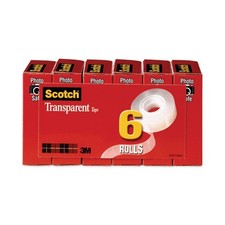 Scotch Transparent Tape, 1" Core, 0.75" x 36 yds, Transparent, 6/Pack