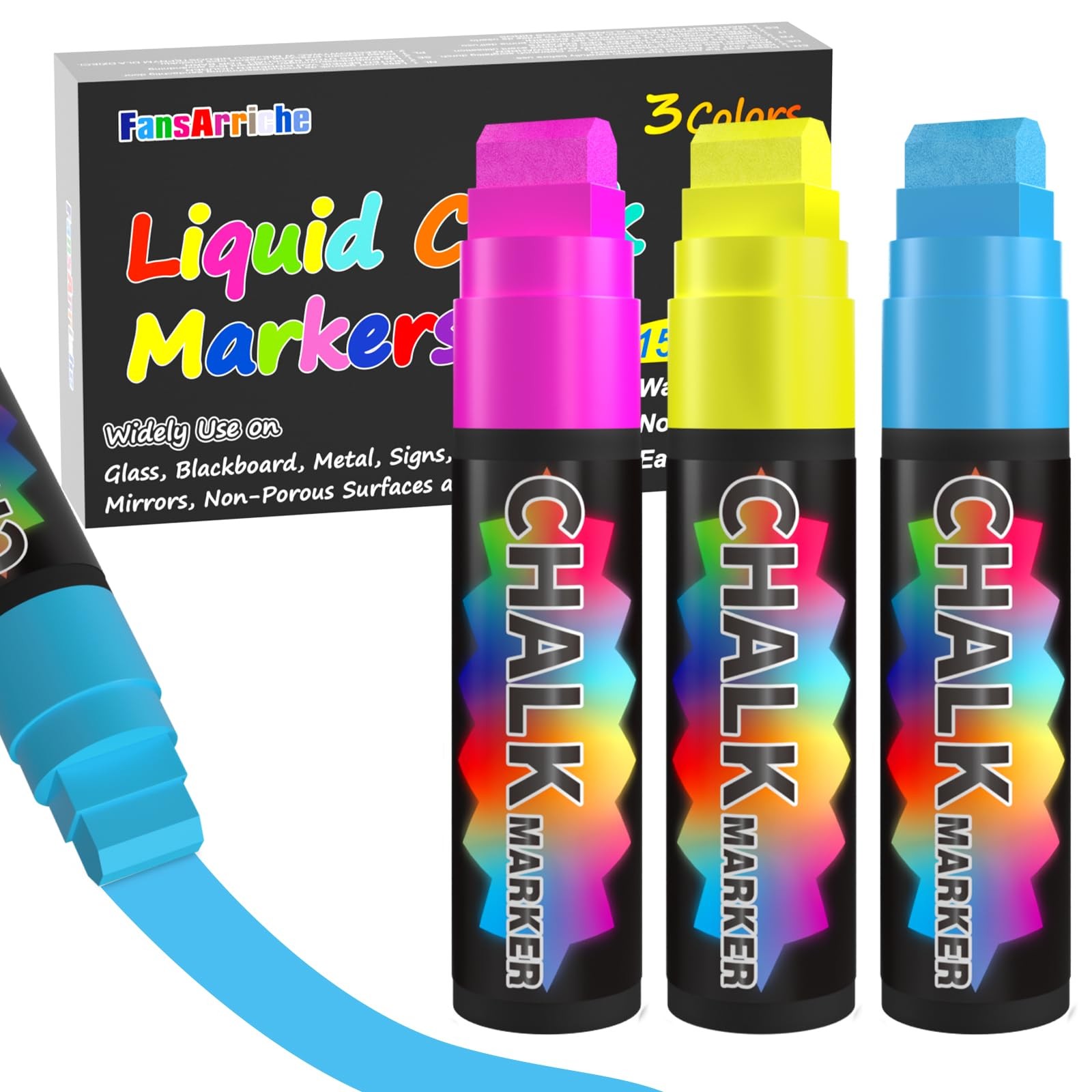 FansArriche Jumbo Window Markers, 3 Pack 15mm Neon Blue, Ros