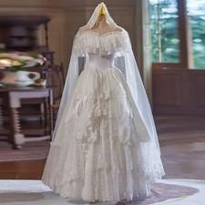 Princess White Flower Lace Soft Satin Wedding Dress Ruffles Sleeve Bow Ball Gown