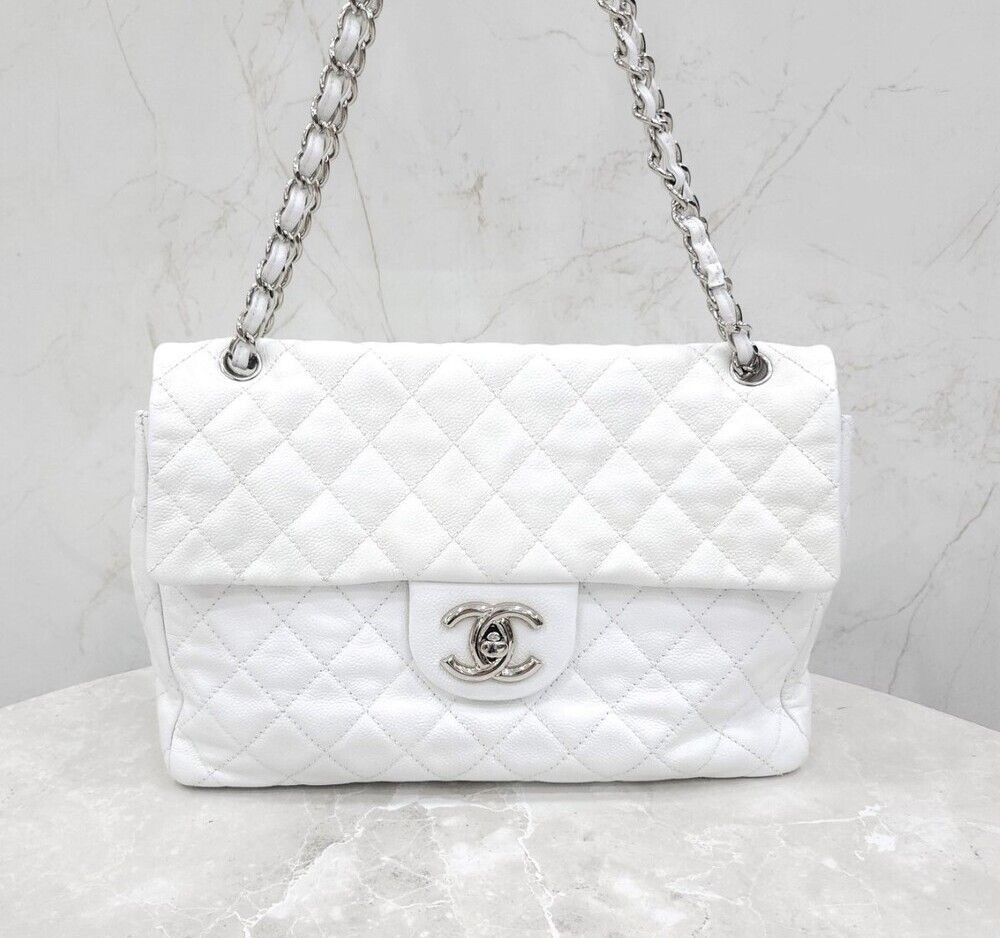 CHANEL White Large Flap Bag 12 Caviar Leather 138067401
