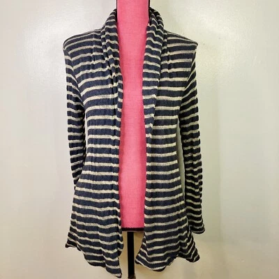 Willow & Clay Cardigan Sweater Women's Size S Navy Blue Tan Stripe Open Pockets - Image 1 of 4