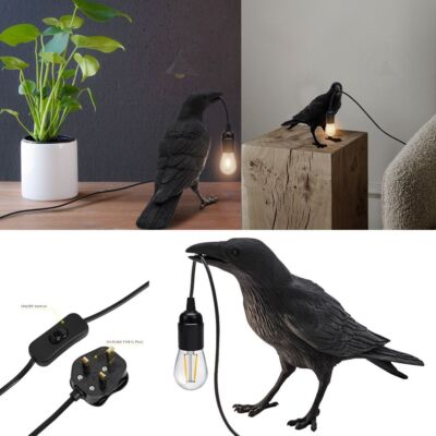 Rabe Tischlampe Wandlampe mit Birne Halloween Gothic Krähe Lampe E27 Nachtlicht