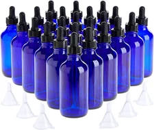 24 Count 4 oz Blue Glass Dropper Bottles & 6 Funnels for Essential Oils, 120 ml