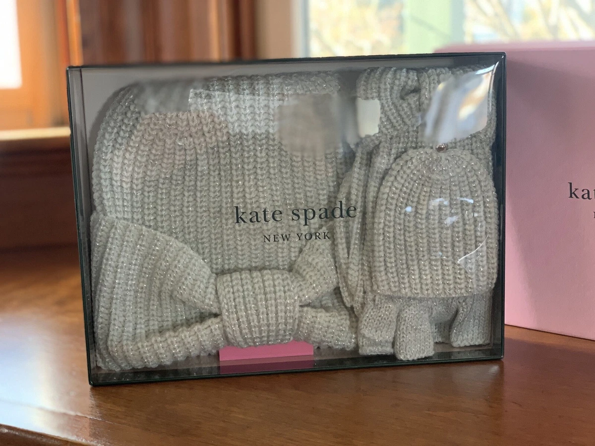 Kate Spade French Cream Metallic Knotted Bow Hat Beanie Mittens Box Set NWT