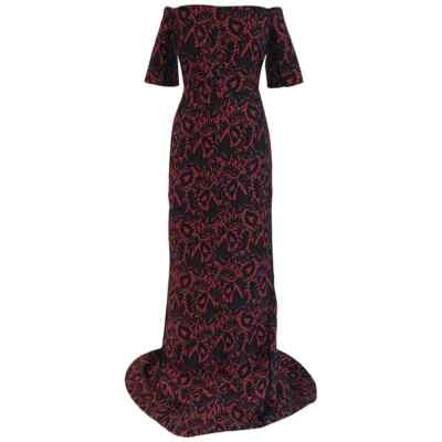 j mendel red dress J. Mendel Red and Black Brocade Off The Shoulder Gown With Short Train 4