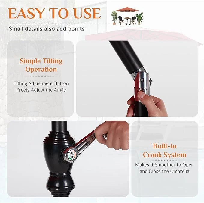 Guarda-chuva de piscina ao ar livre 9 pés com botão de inclinação e manivela 8 nervuras de estudo - Imagem 4 de 4