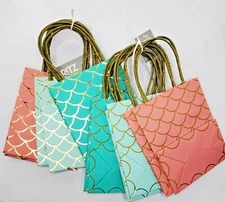 Spritz Party Treat Bags Mermaid Scales 6x5 Aqua Pink Salmon Handles 12 count