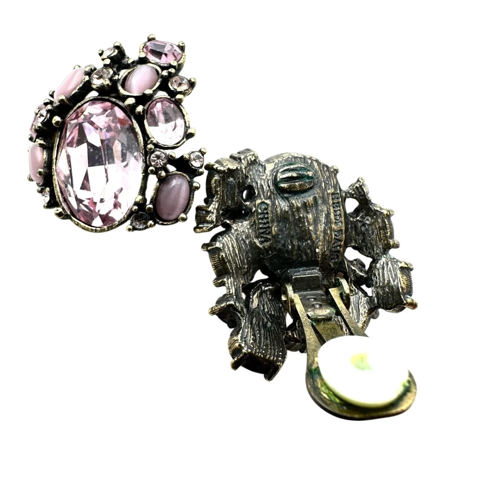 Heidi Daus Pink Crystal Pearl Bronze Clip Earrings Chandelier - Image 3 of 3