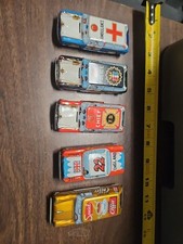  5 Vintage Tin Friction Cars Japan Racing Taxi Police Ambulance Chief