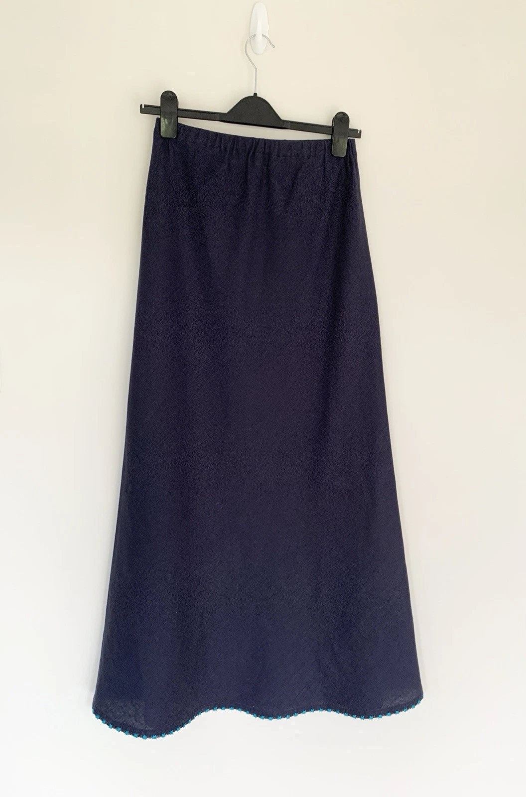 Boden Navy Linen Maxi Skirt Blue Embroidered Hem Size 12 Long Elasticated Waist