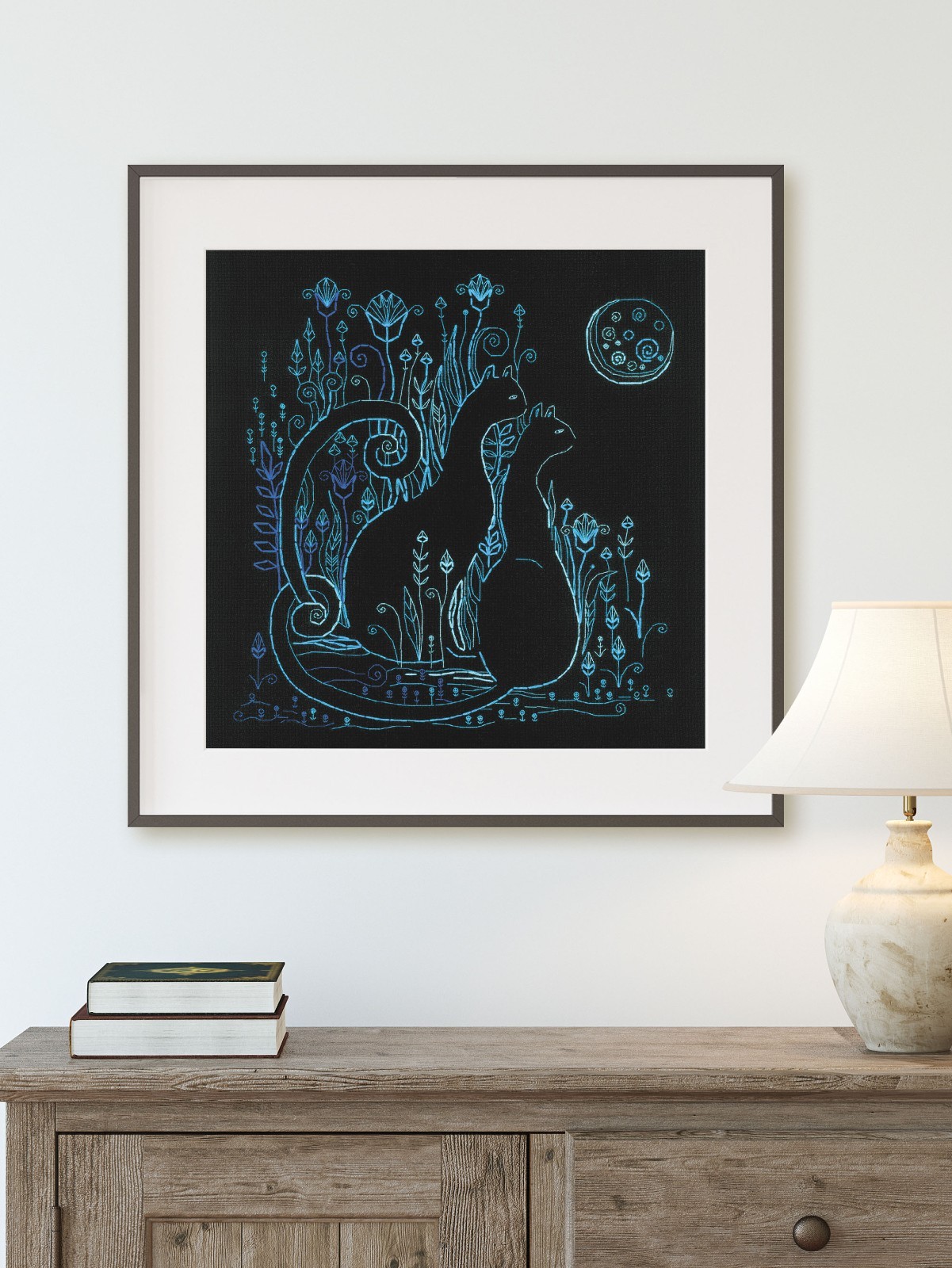 RIOLIS Counted Blackwork Kit 2173 Cats. Moonlight, Two Beautiful Cats