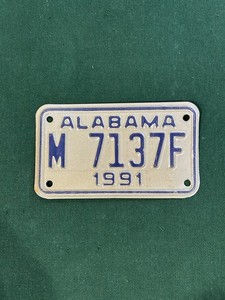 Vintage 1991 Alabama Motorcycle License Plate.  M 7137F