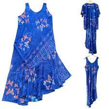VTG 90s Blue Asymmetrical Maxi Dress 2 PC Nautical Beach Butterfly Fairy Boho L