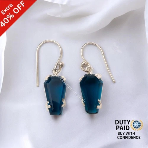 925 Sterling Silver Natural London Blue Topaz Dangle Handmade Earrings Jewelry