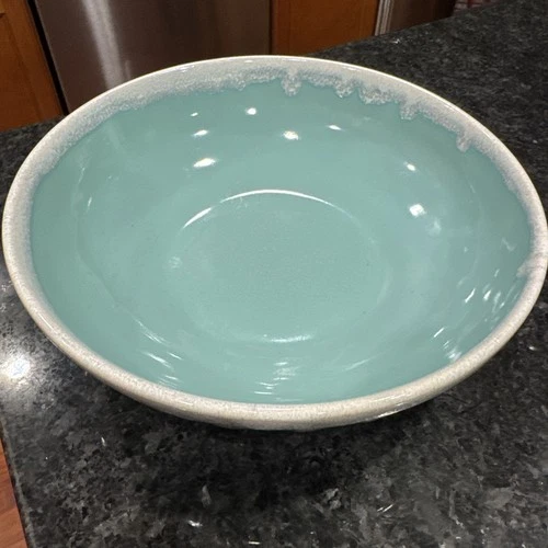 Vintage Retro Hull Crestone Serving Mixing Bowl, Aqua w/ White Drip Glaze