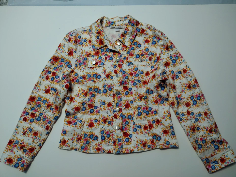 Chaqueta AMI Para Mujer Grande Naranja Azul Estampado Floral Manga Larga Botones Delanteros Foto 2 de 4