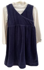 Chaps Girl’s Sz 5 navy velour jumper dress w/Pure WHITE cotton logo Tee shirt