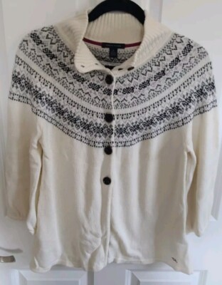 Tommy Hilfiger Y2K Fair Isle Sweater Womens Size Large Cream & Grey Button Front