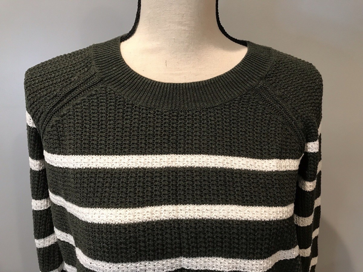 OLD NAVY Olive & White STRIPE Long Sleeve WAFFLE Knit Sweater Sz 
