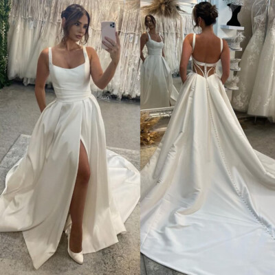 high waist sexy wedding dress Sparkling Sheath Wedding Dress with High Leg Slit & Sequin Lace